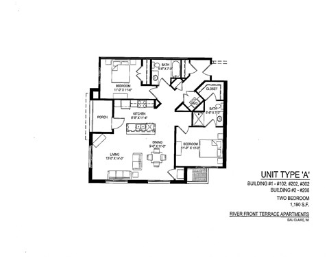 Floor plan for 2 beds, 2 baths, 1239 sqft